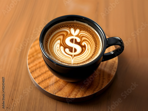 Obraz na płótnie Hot coffee in black mug with dollar latte art, symbolizing finance and productivity. Generative AI w salonie