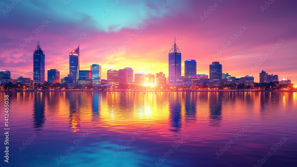 Fototapeta premium Serene Urban Sunset Over Water