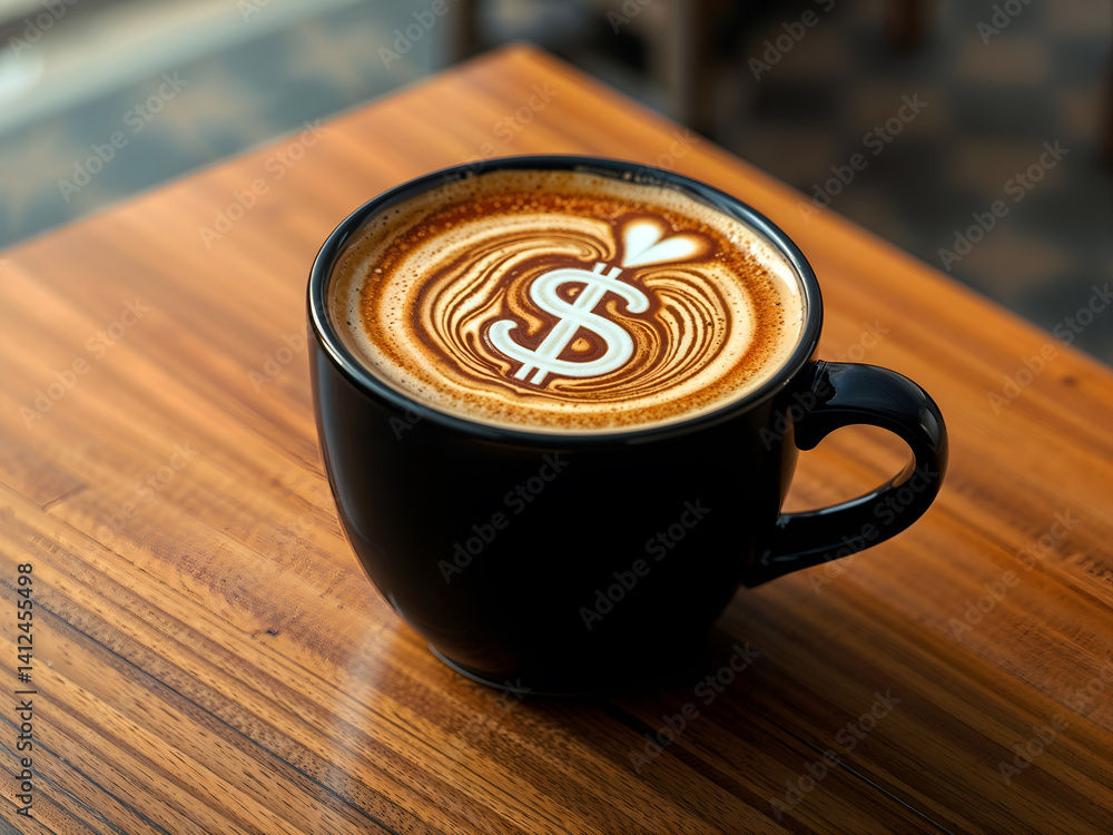 Hot coffee in black mug with dollar latte art, symbolizing finance and productivity. Generative AI