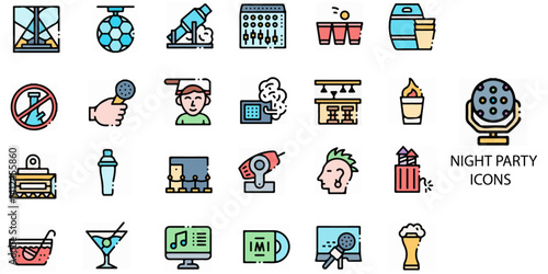 Night Party simple concept 24 color icons set. Contains such heme night club, disco and karaoke .Vector illustration.