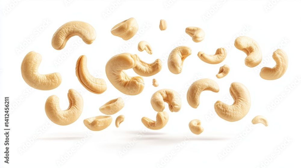 Floating Cashew Nuts on White Background Ideal for Health Food Concepts Floating Cashew Nuts on White Background Ideal for Health Food Concepts