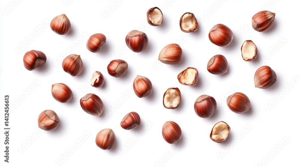 Fresh Hazelnuts on White Background with Broken Shells and Whole Nuts Fresh Hazelnuts on White Background with Broken Shells and Whole Nuts