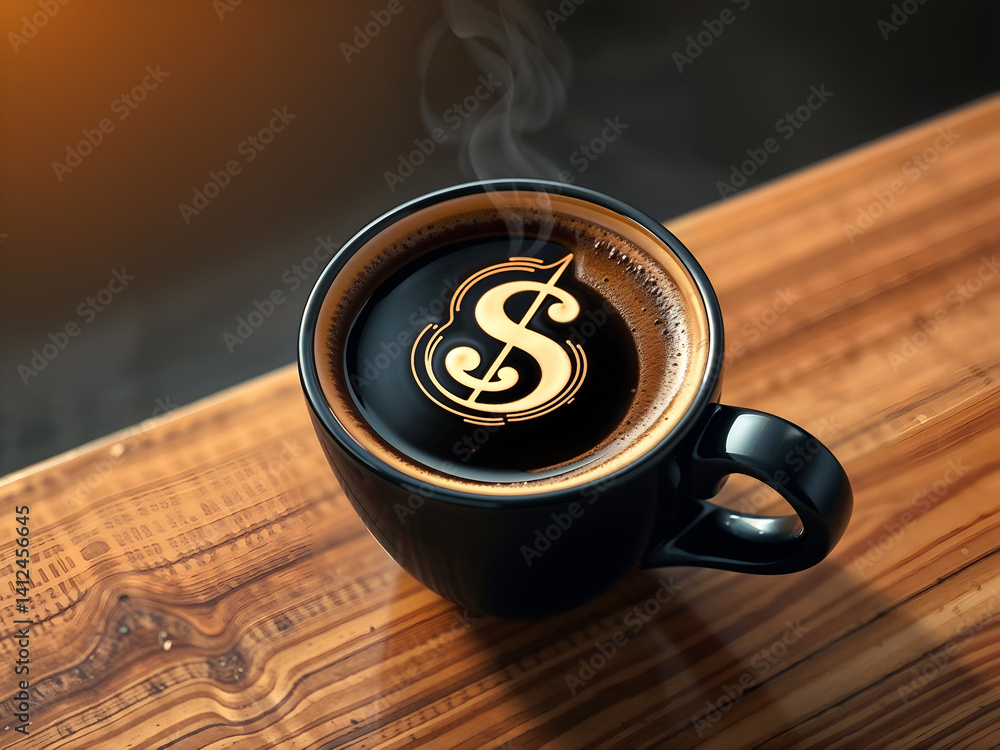 Hot coffee in black mug with dollar latte art, symbolizing finance and productivity. Generative AI