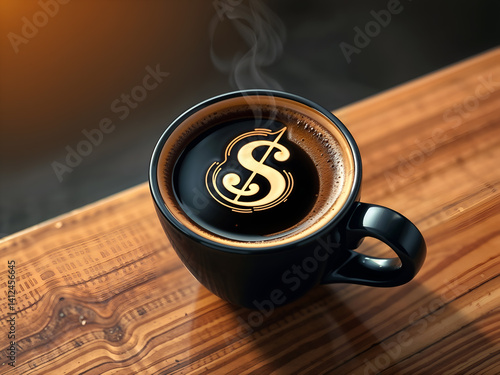 Obraz na płótnie Hot coffee in black mug with dollar latte art, symbolizing finance and productivity. Generative AI w salonie