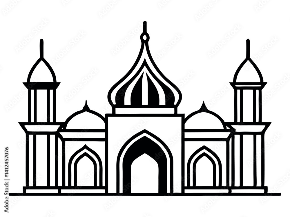 Stylized silhouette design of a mosque with minarets, featuring Islamic architecture, crescent moon, spiritual ambiance, worship atmosphere, elegant shapes, sacred skyline, artistic pattern Stylized silhouette design of a mosque with minarets, featuring Islamic architecture, crescent moon, spiritual ambiance, worship atmosphere, elegant shapes, sacred skyline, artistic pattern