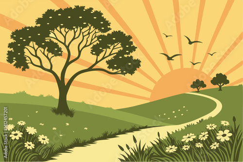6 Vibrant sunset, lush green trees, winding path, radiant orange sky, sunburst effect, silhouetted birds flying, grassy meadow, wildflowers, serene landscape, digital art style, warm color palette, sy