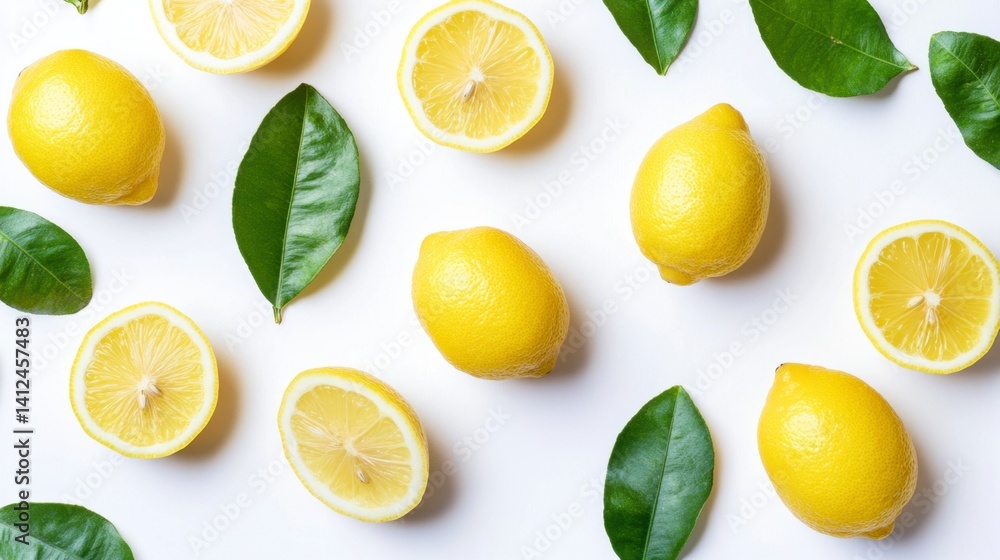 Fototapeta premium Fresh Lemons and Green Leaves on White Background for Culinary Use