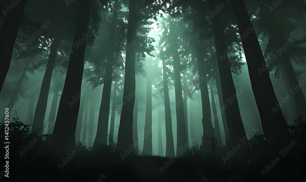 Naklejka premium Mysterious forest landscape shrouded in fog with tall trees and ethereal light filtering through