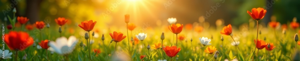 Fototapeta premium Peaceful summer morning with flowers in the meadow at sunrise, summer, serene