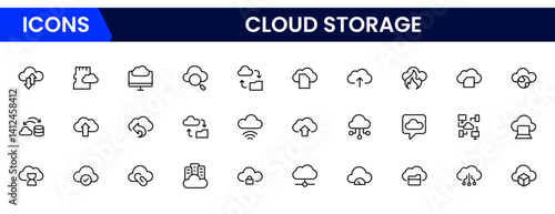 Cloud Storage & Backup Collection of Data related icons, including data storage, cloud storage data, technology services, server, Data thin line icons