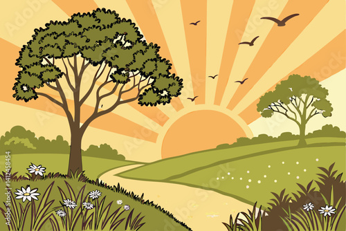 6 Vibrant sunset, lush green trees, winding path, radiant orange sky, sunburst effect, silhouetted birds flying, grassy meadow, wildflowers, serene landscape, digital art style, warm color palette, sy