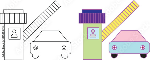 Cartoon illustration of a car passing through a security gate at a checkpoint. Parking sign or symbol. Cartoon car security barrier gates. barriers or boom with cars icon. 