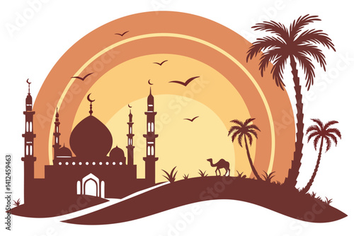 7 Sunset cityscape, Middle Eastern architecture, mosque silhouettes, palm trees, desert landscape, layered circular design, warm orange and yellow gradient, minimalist illustration, vector graphic sty