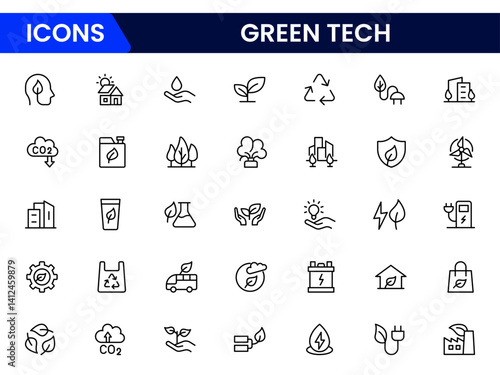 Green Tech & Sustainability vector icons for sustainability, solar, wind, clean power, green tech, net-zero, and eco solutions