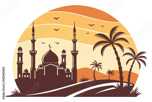 7 Sunset cityscape, Middle Eastern architecture, mosque silhouettes, palm trees, desert landscape, layered circular design, warm orange and yellow gradient, minimalist illustration, vector graphic sty