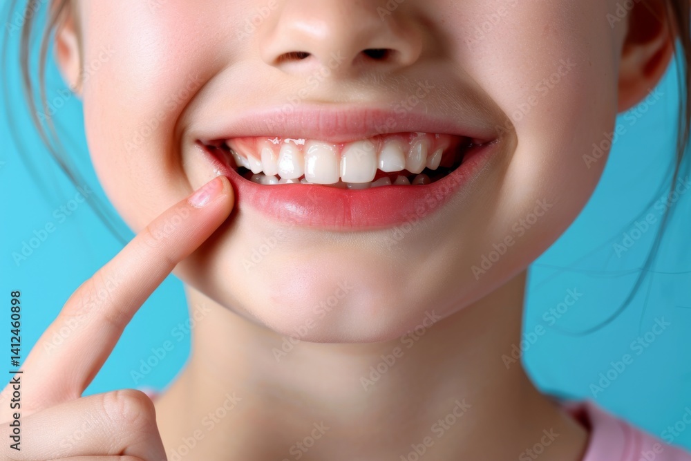 Obraz premium Close up portrait of kid point the finger her teeth, attractive lovely healthy girl isolated on blue background
