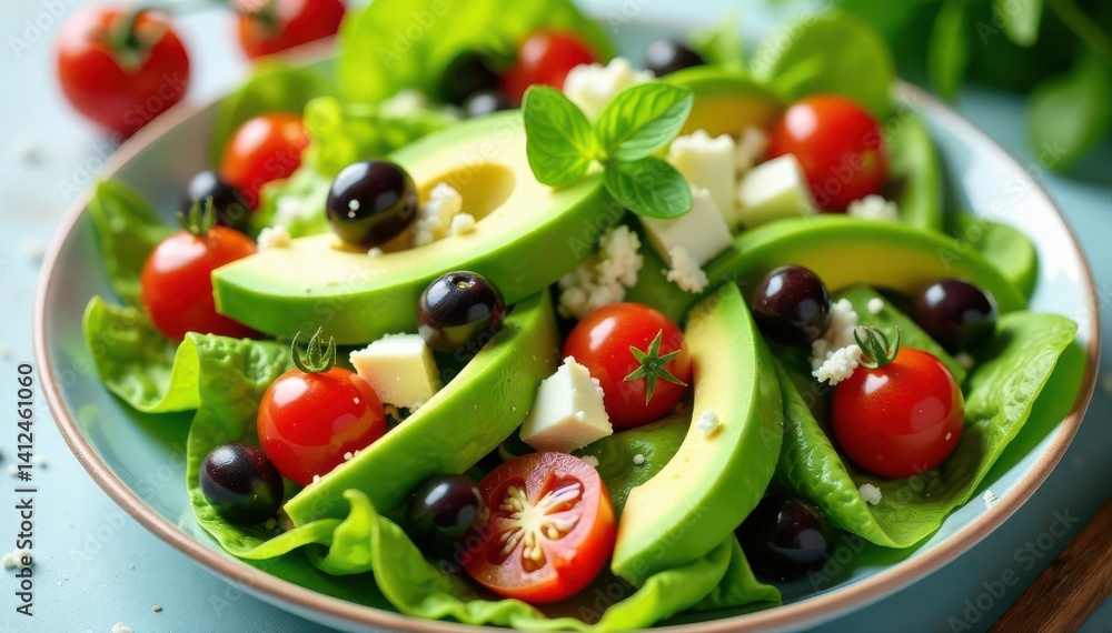 Vibrant green salad with avocado, cherry tomatoes, olives, and cheese Summer healthy eating , catering, diet food, fresh Vibrant green salad with avocado, cherry tomatoes, olives, and cheese Summer healthy eating , catering, diet food, fresh