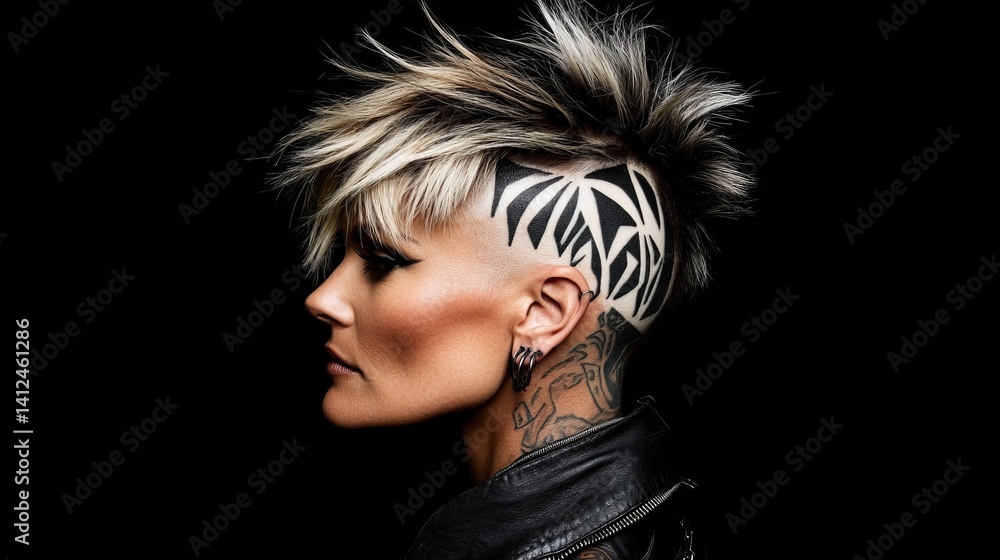 Elegant woman showcasing chic undercut hairstyle and tattoo art in a trendy hair and body art studio setting, created using Elegant woman showcasing chic undercut hairstyle and tattoo art in a trendy hair and body art studio setting, created using