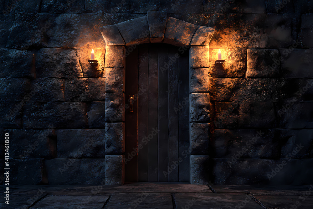 Obraz premium A Glimpse into Mystery: An ancient stone doorway, illuminated by flickering candlelight, promises secrets untold. Its rugged stonework and aged timber tell tales of ages past.