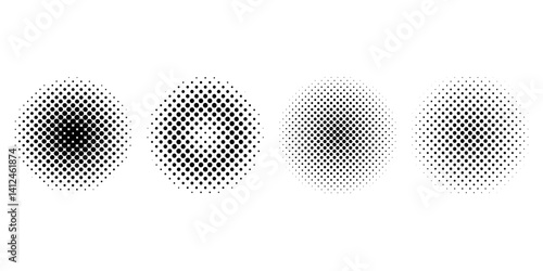 Set of circular halftone dot gradients in black and white, ideal for pop art design, comic effects, print textures, digital artwork and graphic templates.Vector Halftone Circle Elements