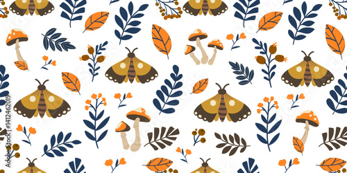 Seamless pattern with moths mushrooms and botanical elements in retro Scandinavian style perfect for fabric prints packaging wallpaper stationery and folk design projects. Vector illustration