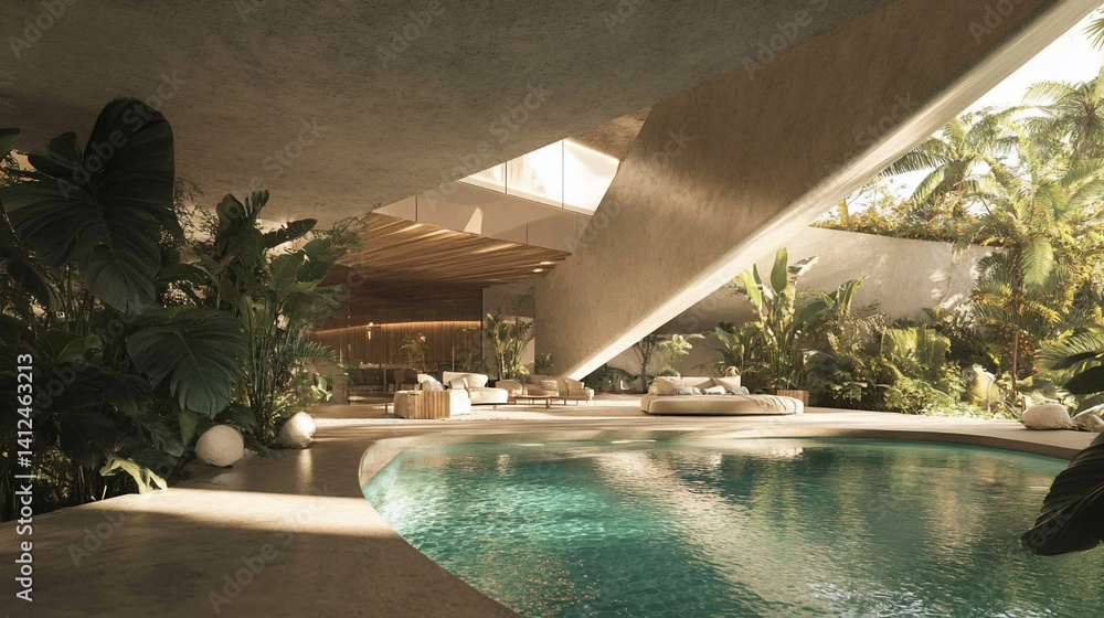 Fototapeta premium Tropical Modern Villa Indoor Pool, Lush Landscaping