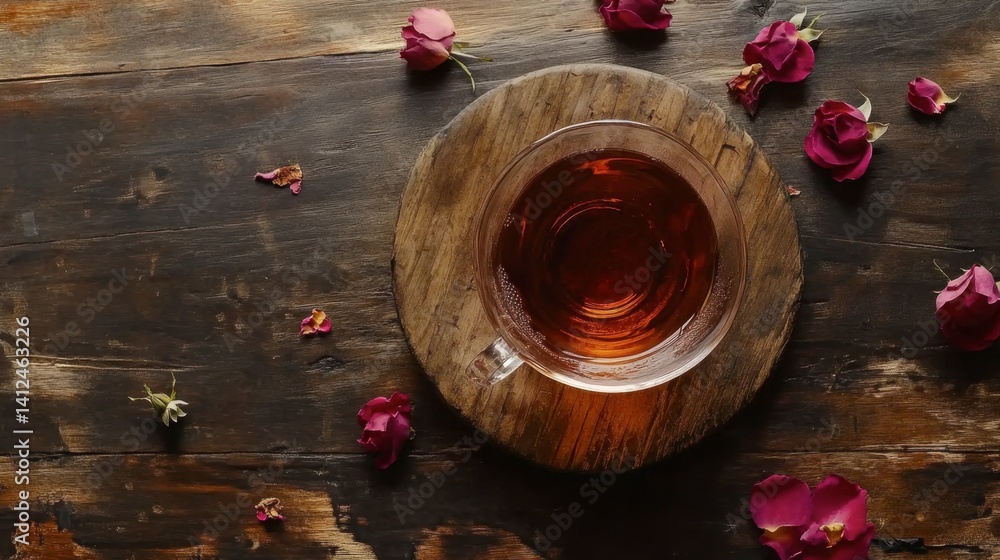 Rose Tea in Glass Cup Surrounded by Dried Petals on Wooden Surface
