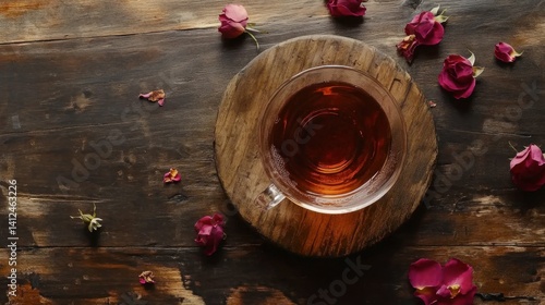 Obraz na płótnie Rose Tea in Glass Cup Surrounded by Dried Petals on Wooden Surface w salonie