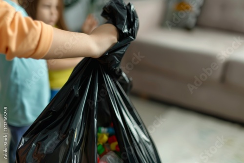 Close-up of a woman's hand holding a black garbage bag for children to pick up trash in the living room at home