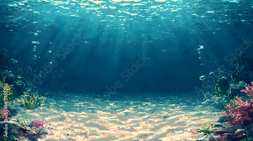 Serene Pixel Art Underwater Scene with Sunlight Rays Through Deep Blue Water and Sandy Seabed with Aquatic Flora