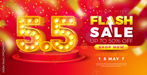 5 May Shopping Day Flash Sale Design with 3d 5.5 Light Bulb Billboard Number and Falling Confetti on Red Background. Vector Special Offer 50 Percent Off Campaign Discount Illustration for Coupon