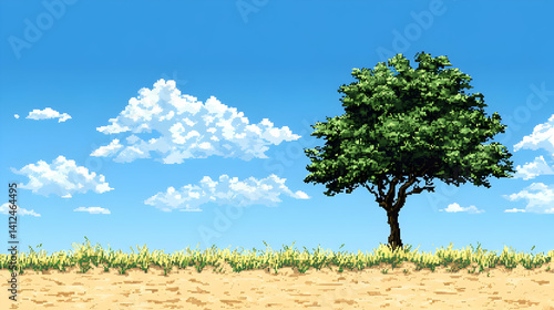 Wallpaper Mural Vibrant Green Tree in a Grassy Field Under a Bright Blue Sky with Puffy White Clouds Scenic Landscape Pixel Art Illustration Torontodigital.ca