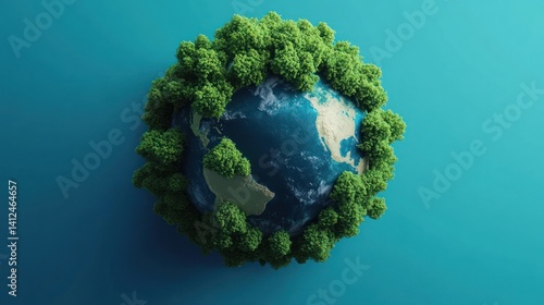 Earth surrounded by lush green trees.  Digital illustration. Educational material or environmental campaign photo