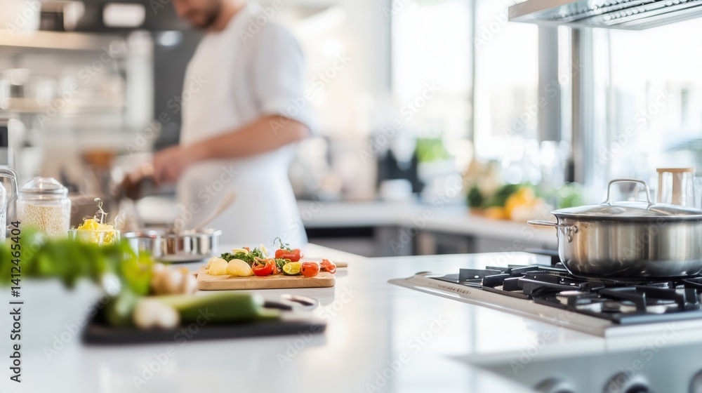 Chef preparing fresh vegetables and herbs in a modern restaurant kitchen during daytime Chef preparing fresh vegetables and herbs in a modern restaurant kitchen during daytime