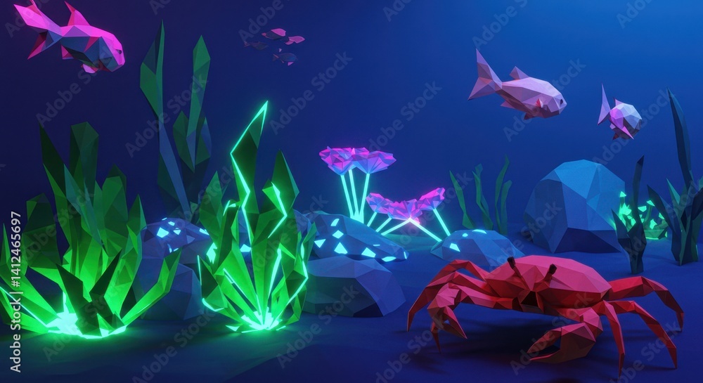 Fototapeta Glowing Underwater Garden with Polygonal Plants