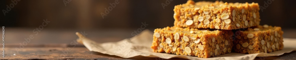 Golden oat granola bars, stacked on rustic wood , morning, whole grain Golden oat granola bars, stacked on rustic wood , morning, whole grain