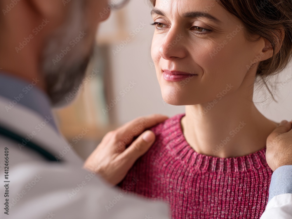 Portrait of a doctor gently touching a patient shoulder while giving difficult news, warm and compassionate expression, neutral background, close-up for emotional impact Portrait of a doctor gently touching a patient shoulder while giving difficult news, warm and compassionate expression, neutral background, close-up for emotional impact