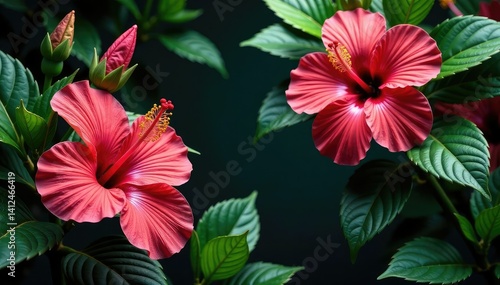 Wallpaper Mural Bold hibiscus blooms, lush foliage, vibrant tropical motif, foliage, colorful, exotic Torontodigital.ca