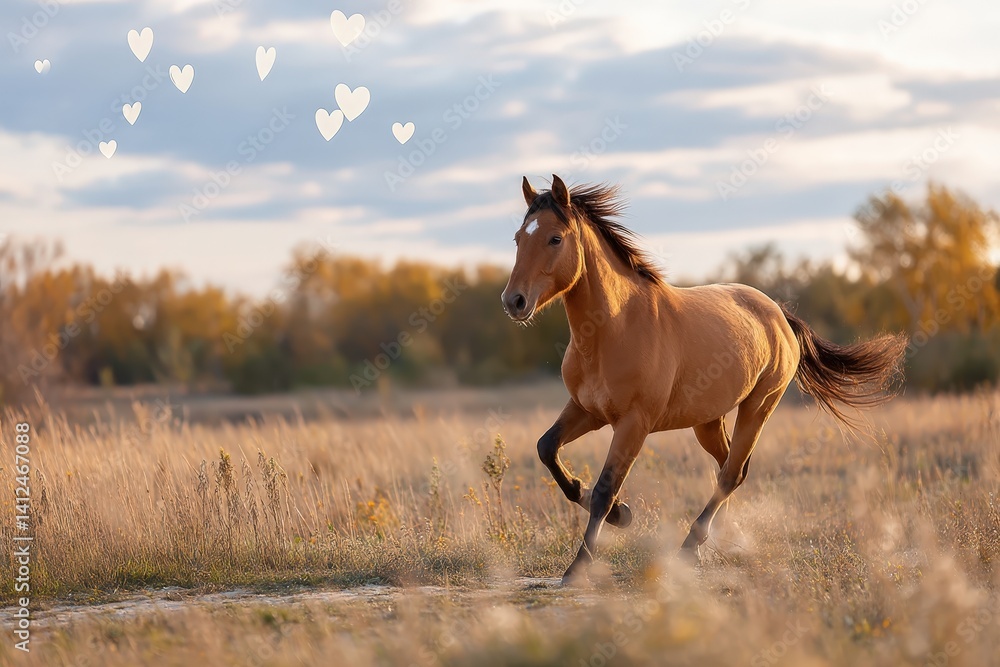 Obraz premium Horse running freely across an open field with hearts in the sky and text space for I Love Horses Day with copy space. Golden hour light. Nature meadow background
