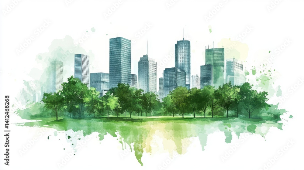 Obraz premium Urban Landscape with Green Trees and Modern Skyscrapers in Watercolor