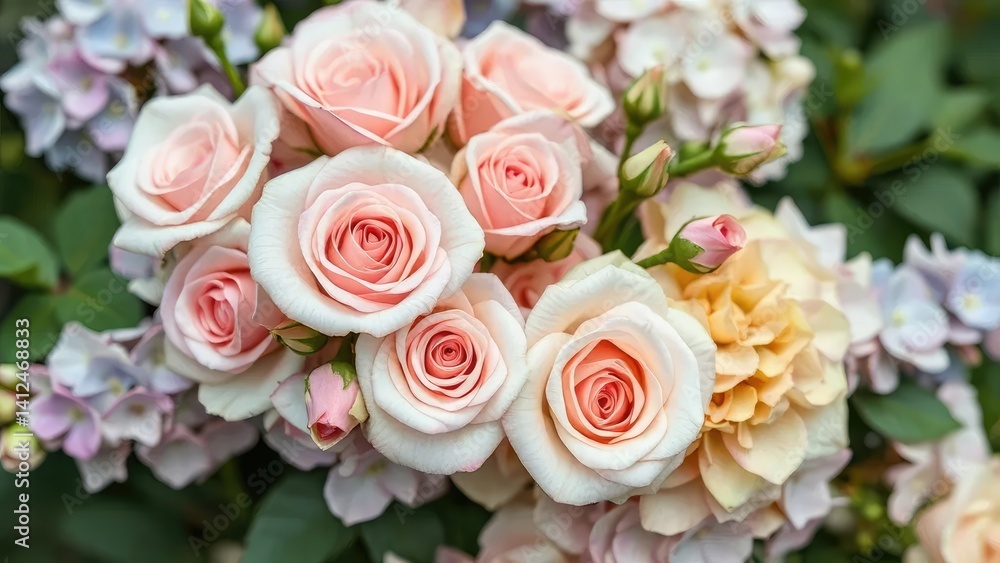 Fototapeta premium Delicate roses entwined with hydrangeas in a floral arrangement, garden, blossom, blossoms