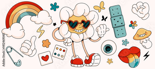 Retro 70s summer cartoon stickers set - daisy flower groovy character in sunglasses, clouds with rainbow, mushroom and lips with colorful tongue, hand gestures and eye. Abstract psychedelic elements.