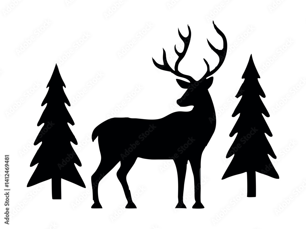 Silhouette of a deer with pine trees and forest scenery on white background, Deer silhouette, vector illustration Silhouette of a deer with pine trees and forest scenery on white background, Deer silhouette, vector illustration