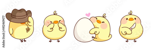 Kawaii chick baby character for Easter design - cute little yellow chicken in cowboy hat, small farm animal blushing with pink chicks, bird hugging egg with love and standing with knife in wing.