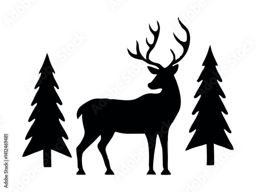 Silhouette of a deer with pine trees and forest scenery on white background, Deer silhouette, vector illustration