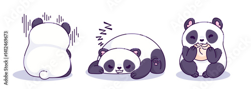 Kawaii panda baby character sitting with back, lying and sleeping, cheerful eating cookie. Cute cartoon vector set of Chinese animal drawing in different poses. funny adorable chibi bear mascot.