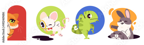 Kid friendly peeking animal characters set - curious cat, mouse with magnifying glass, sneaking chameleon, rabbit peeping from hole and pointing with index finger. Cute funny cartoon childish mascots