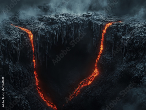 Realistic volcanic scene with a dark background, rugged rocks on the left and right, and molten lava flowing vertically from top to bottom. A deep red glow illuminates the center