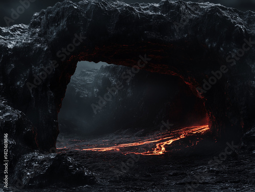 Realistic volcanic scene with a dark background, rugged rocks on the left and right, and molten lava flowing vertically from top to bottom. A deep red glow illuminates the center