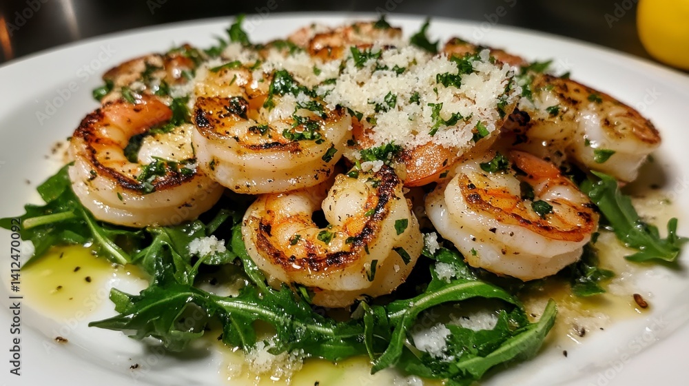 Grilled Shrimp on Fresh Arugula with Parmesan and Olive Oil Drizzle Grilled Shrimp on Fresh Arugula with Parmesan and Olive Oil Drizzle